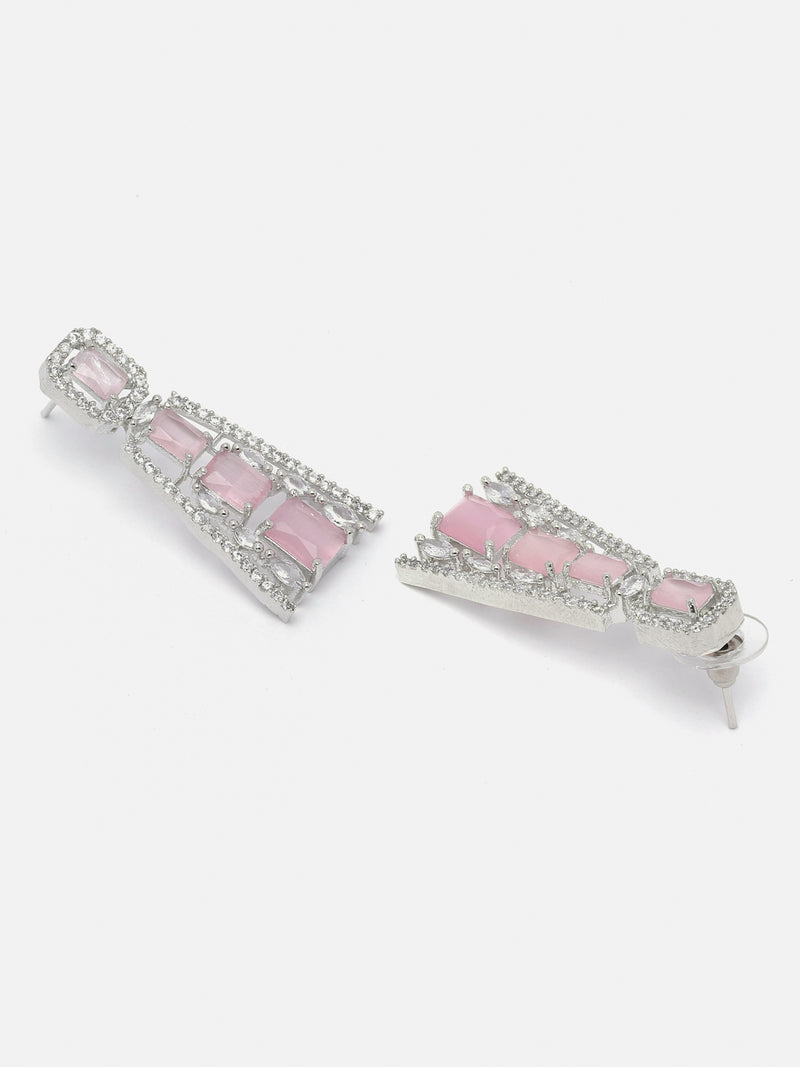 Rhodium-Plated Pink American Diamond studded Contemporary Drop Earrings