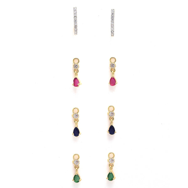 Set of 3 Pink Green and Navy Blue Teardrop Shaped Gold-Plated Drop Earrings