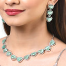 Rhodium-Plated with Silver-Tone Sea Green American Diamond Studded Jewellery Set