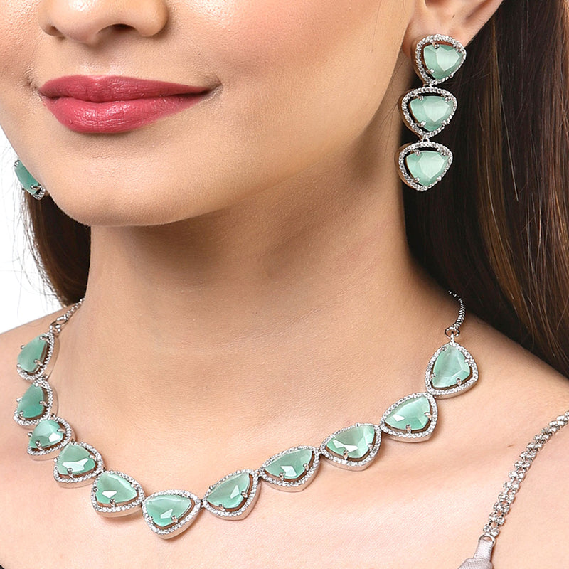 Rhodium-Plated with Silver-Tone Sea Green American Diamond Studded Jewellery Set