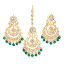 Gold-Plated Pearl Drops Green Kundan Chandbali Maang Tikka & Earrings Set