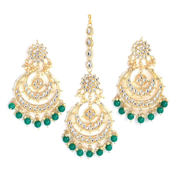 Gold-Plated Pearl Drops Green Kundan Chandbali Maang Tikka & Earrings Set