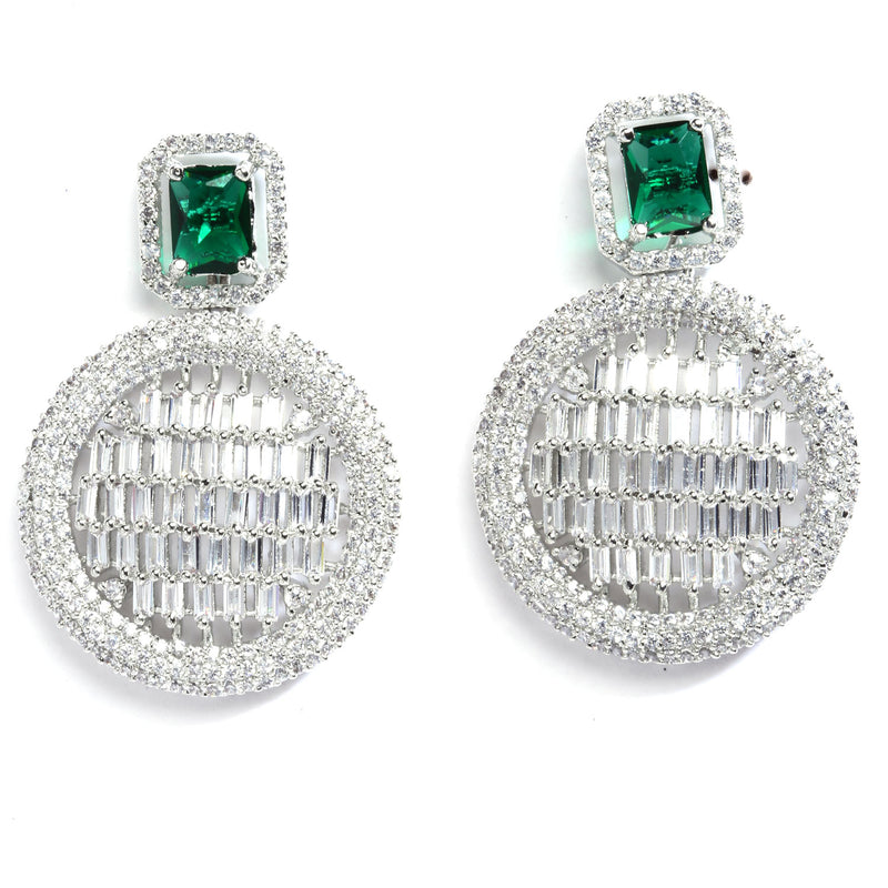 Green American Diamond Studded Geometric Shaped Rhodium-Plated with Silver-Tone Drop Earrings