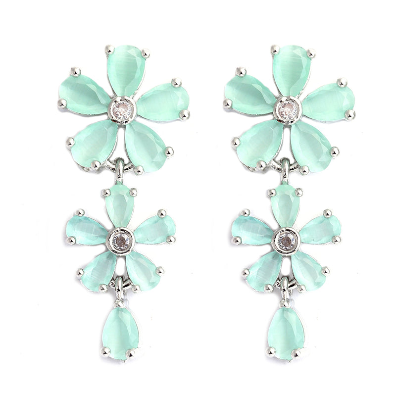 Rhodium-Plated with Silver-Tone Sea-Green & White American Diamond-Studded Jewellery Set