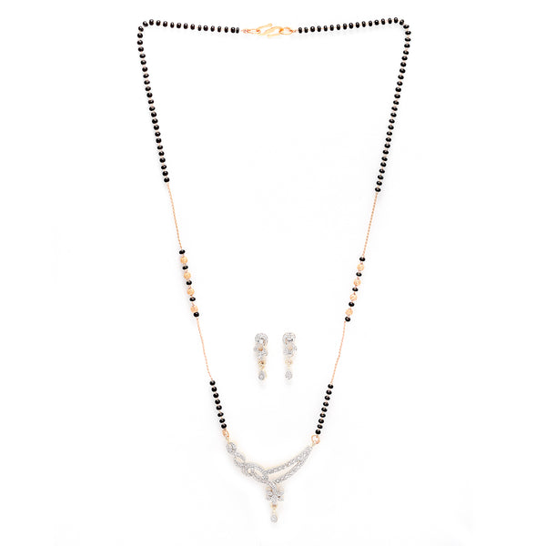 Gold Plated American Diamond Studded Black Beaded Designer Mangalsutra With Earrings For Women