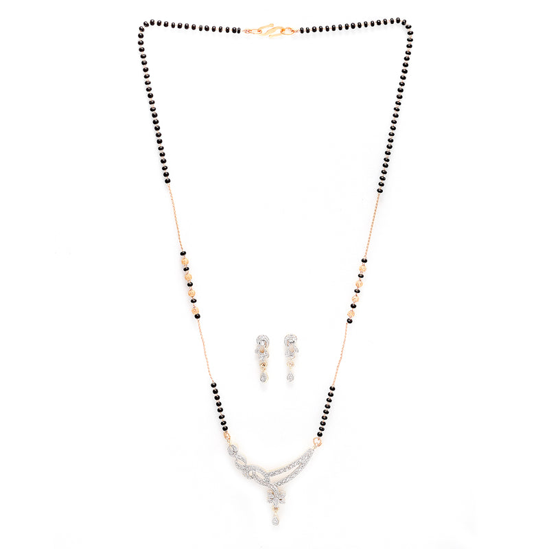 Gold Plated American Diamond Studded Black Beaded Designer Mangalsutra With Earrings For Women