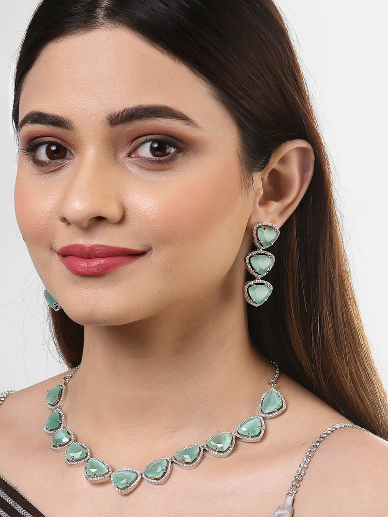 Rhodium-Plated with Silver-Tone Sea Green American Diamond Studded Jewellery Set