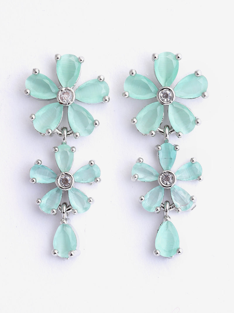 Rhodium-Plated with Silver-Tone Sea-Green & White American Diamond-Studded Jewellery Set
