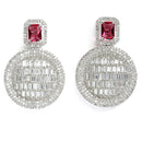 Red American Diamond Studded Geometric Shaped Rhodium-Plated with Silver-Tone Drop Earrings