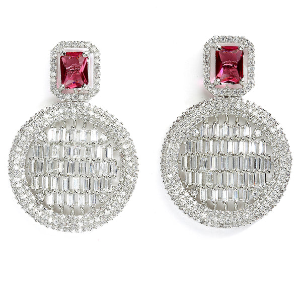 Red American Diamond Studded Geometric Shaped Rhodium-Plated with Silver-Tone Drop Earrings