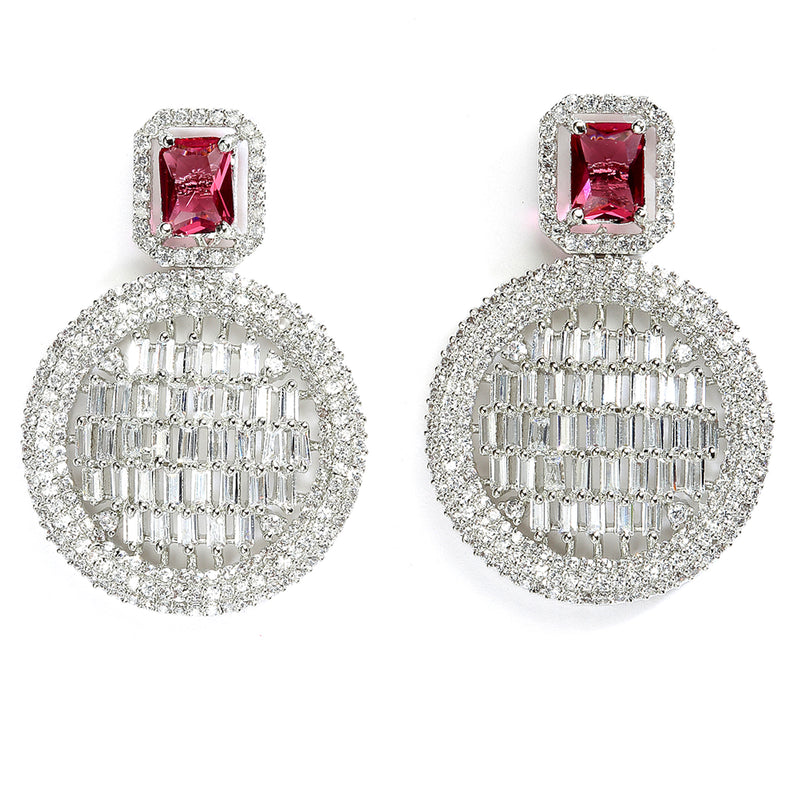 Red American Diamond Studded Geometric Shaped Rhodium-Plated with Silver-Tone Drop Earrings
