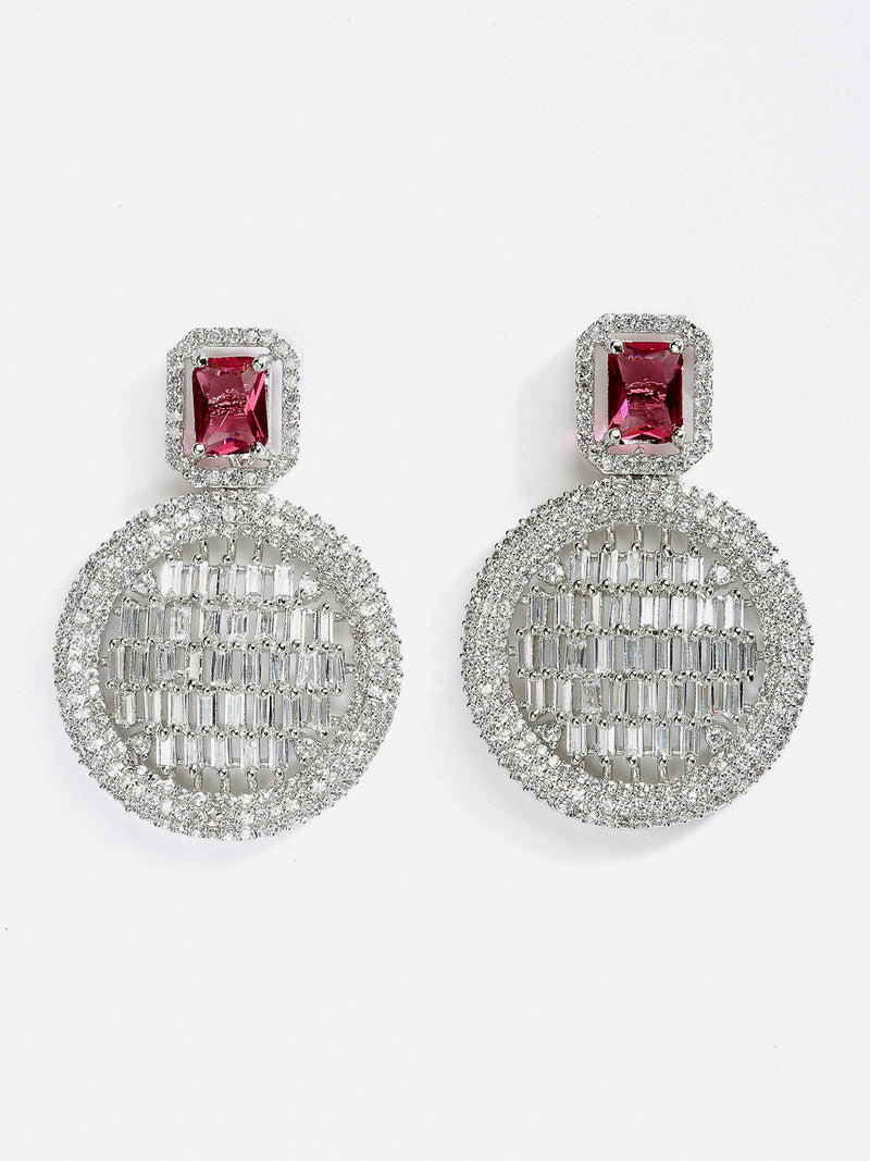 Red American Diamond Studded Geometric Shaped Rhodium-Plated with Silver-Tone Drop Earrings