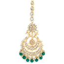 Gold-Plated Pearl Drops Green Kundan Chandbali Maang Tikka & Earrings Set