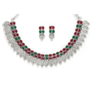 Rhodium-Plated with Oxidised Silver-Tone Green & Red Kundan Studded Handcrafted Jewellery Set