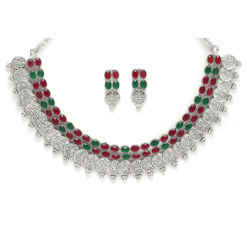 Rhodium-Plated with Oxidised Silver-Tone Green & Red Kundan Studded Handcrafted Jewellery Set