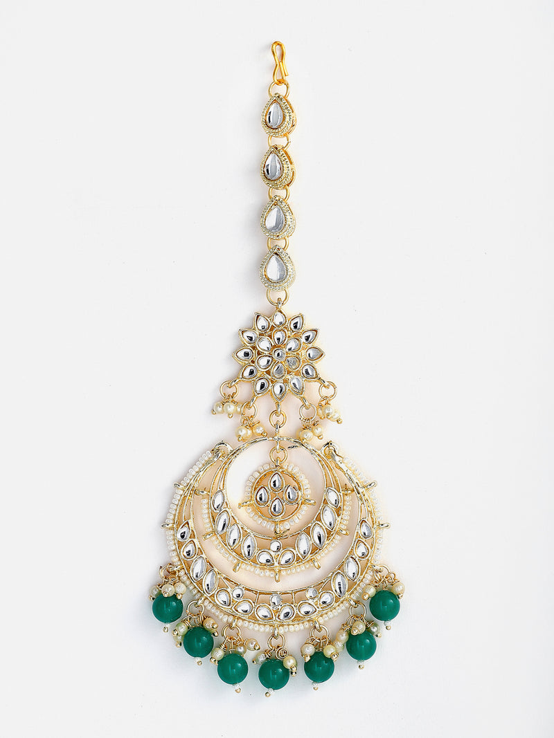 Gold-Plated White Stone Studded & Green Pearl Beaded Jewellery Set