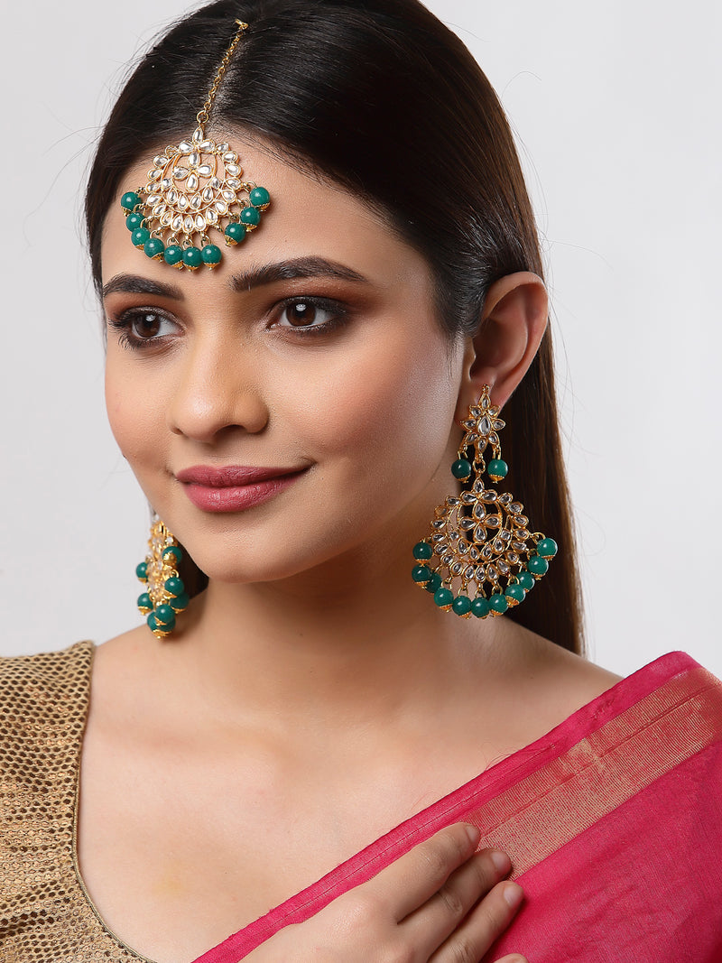 Gold Plated & Green Kundan Studded Earrings & Maangtikka Set