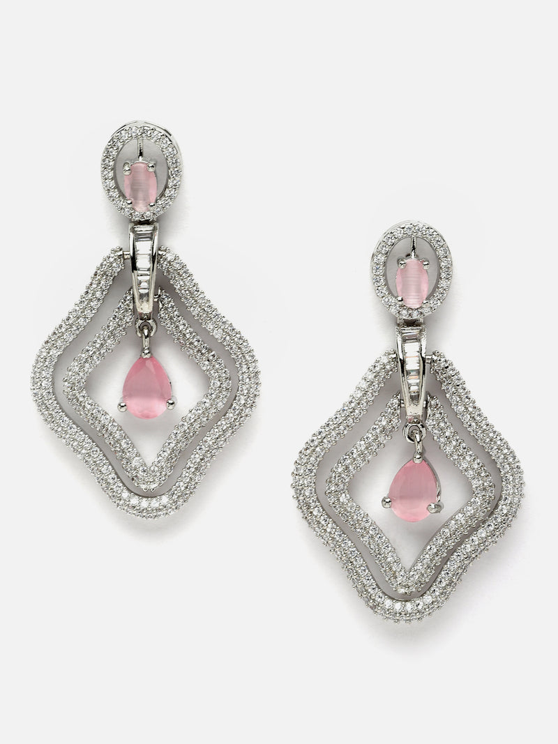 Rhodium-Plated Pink & White American Diamond studded Layered Drop Earrings