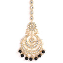 Gold-Plated Pearl Drops Black Kundan Chandbali Maang Tikka & Earrings Set