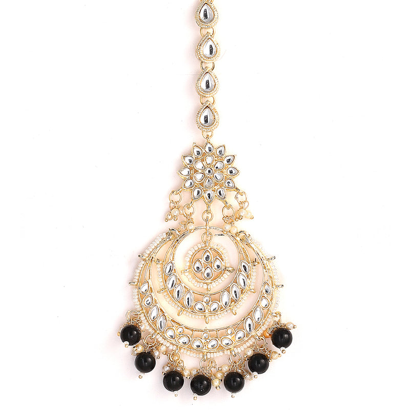 Gold-Plated Pearl Drops Black Kundan Chandbali Maang Tikka & Earrings Set