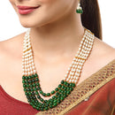 Gold-Plated Green & White Pearl Beaded 5 Layered Necklace with Drop Earrings Jewelry Set