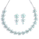 Rhodium-Plated with Silver-Tone Sea-Green & White American Diamond-Studded Jewellery Set