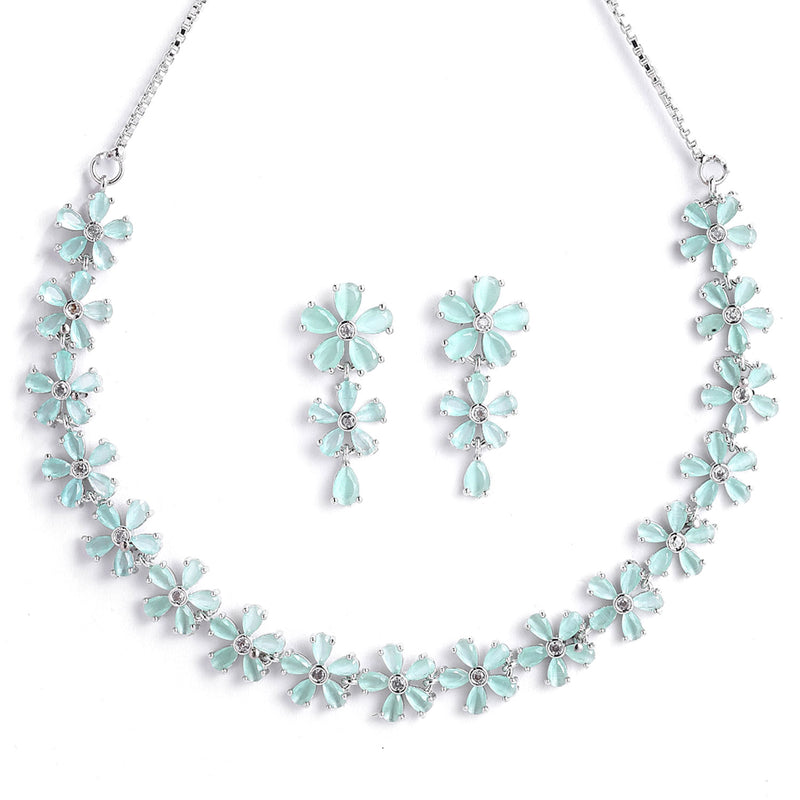 Rhodium-Plated with Silver-Tone Sea-Green & White American Diamond-Studded Jewellery Set