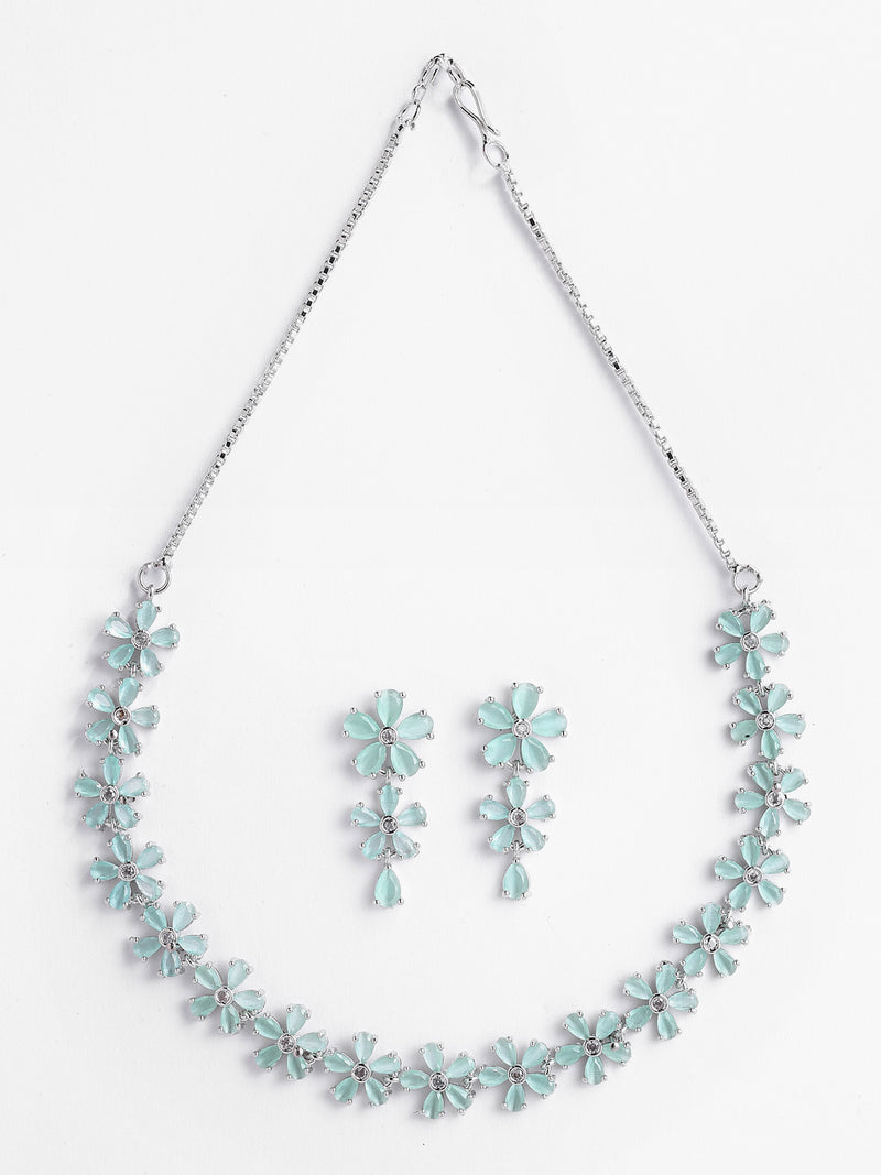 Rhodium-Plated with Silver-Tone Sea-Green & White American Diamond-Studded Jewellery Set