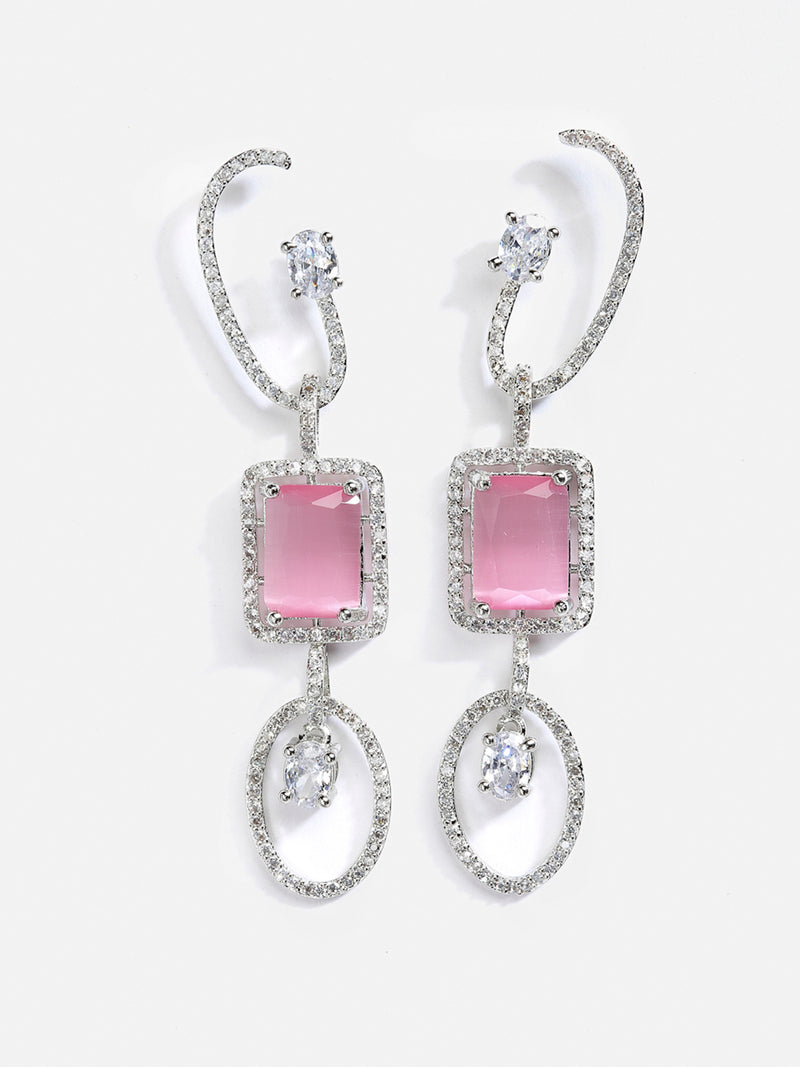 Pink Geometric Shaped Rhodium-Plated with Silver-Tone Drop Earrings
