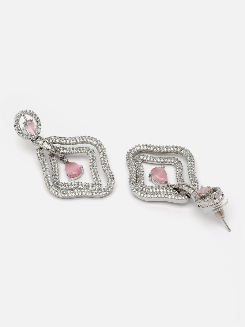 Rhodium-Plated Pink & White American Diamond studded Layered Drop Earrings