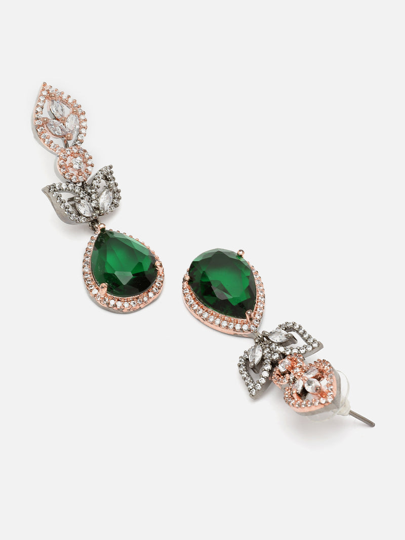 Rose Gold-Plated Gunmetal Toned Green American Diamond studded Teardrop & Leaf Shaped Drop Earrings