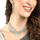 Rhodium-Plated Silver-Toned & Sea-Green American Diamond Stone-Studded Jewellery Set