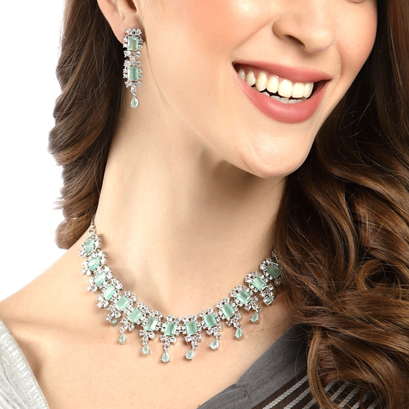 Rhodium-Plated Silver-Toned & Sea-Green American Diamond Stone-Studded Jewellery Set