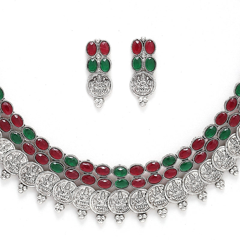 Rhodium-Plated with Oxidised Silver-Tone Green & Red Kundan Studded Handcrafted Jewellery Set