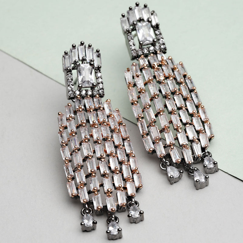 White Contemporary Rose Gold-Plated Gunmetal Toned Drop Earrings