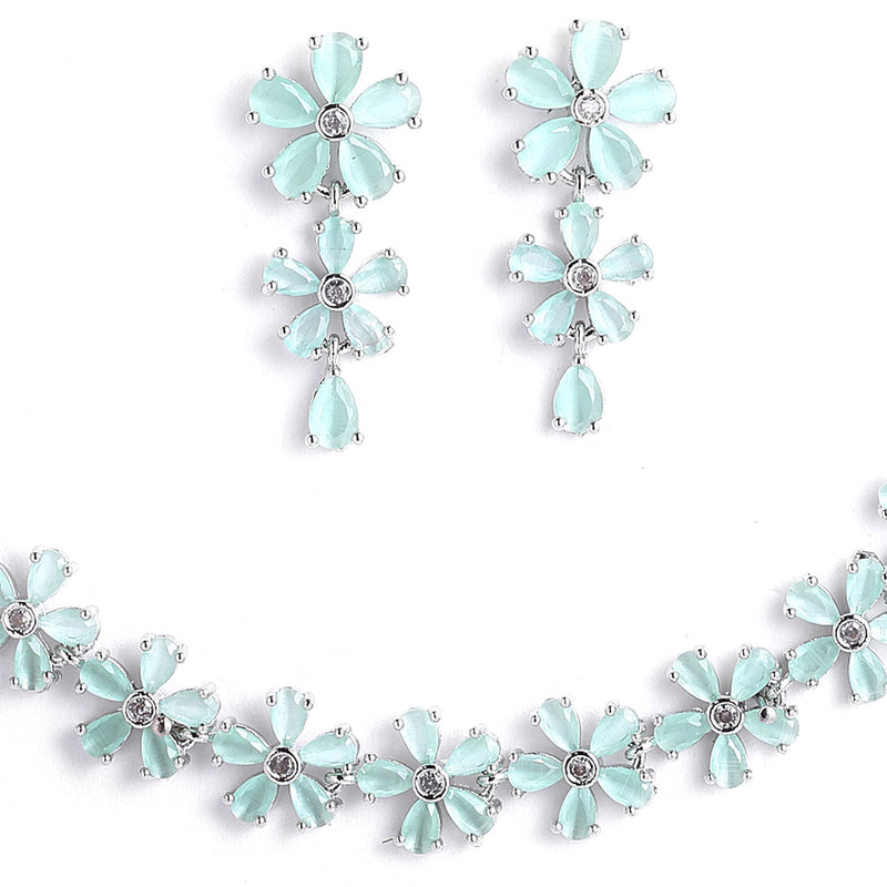Rhodium-Plated with Silver-Tone Sea-Green & White American Diamond-Studded Jewellery Set