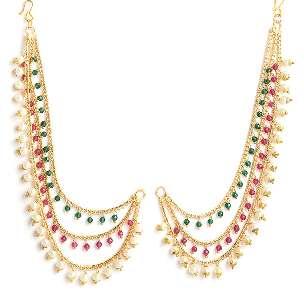 Set of 2 Multicoloured Stone-Studded Floral Shaped Gold-Plated Ear Chain