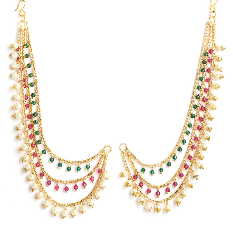 Set of 2 Multicoloured Stone-Studded Floral Shaped Gold-Plated Ear Chain