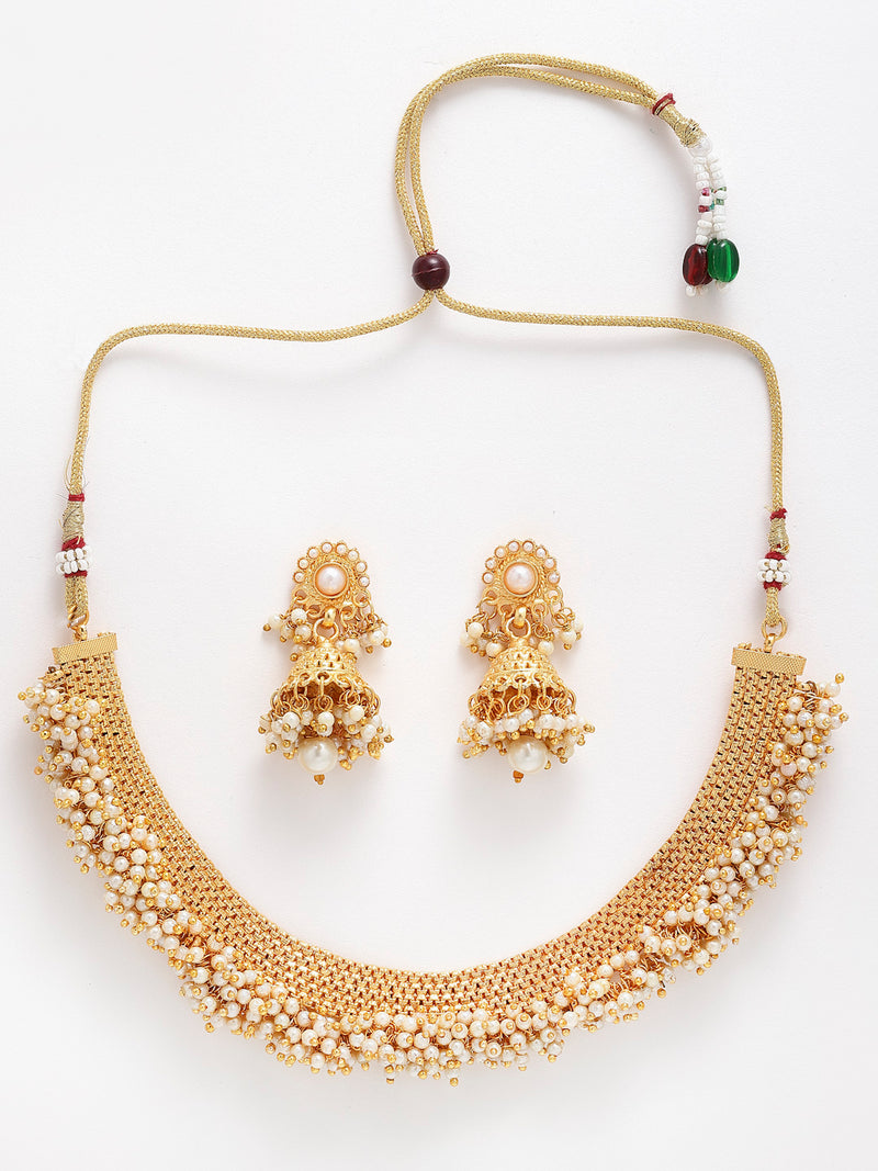 Zeneme Jewellery Set Gold Plated White Pearl Temple Style Necklace Set Jewellery with Earrings for Girls & Women