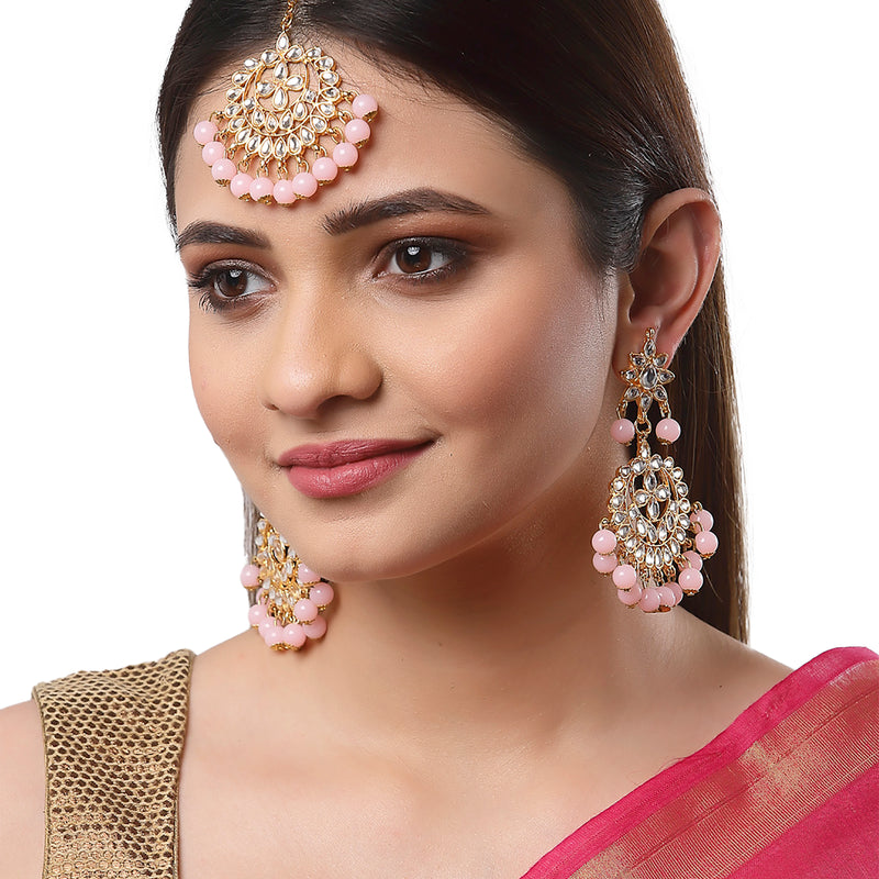 Gold-Plated Pink Pearl & Kundan Studded Maang Tikka With Earrings
