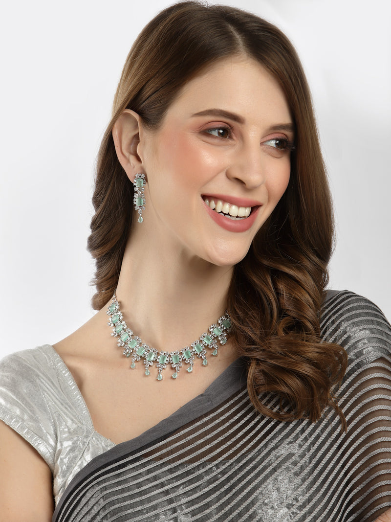 Rhodium-Plated Silver-Toned & Sea-Green American Diamond Stone-Studded Jewellery Set