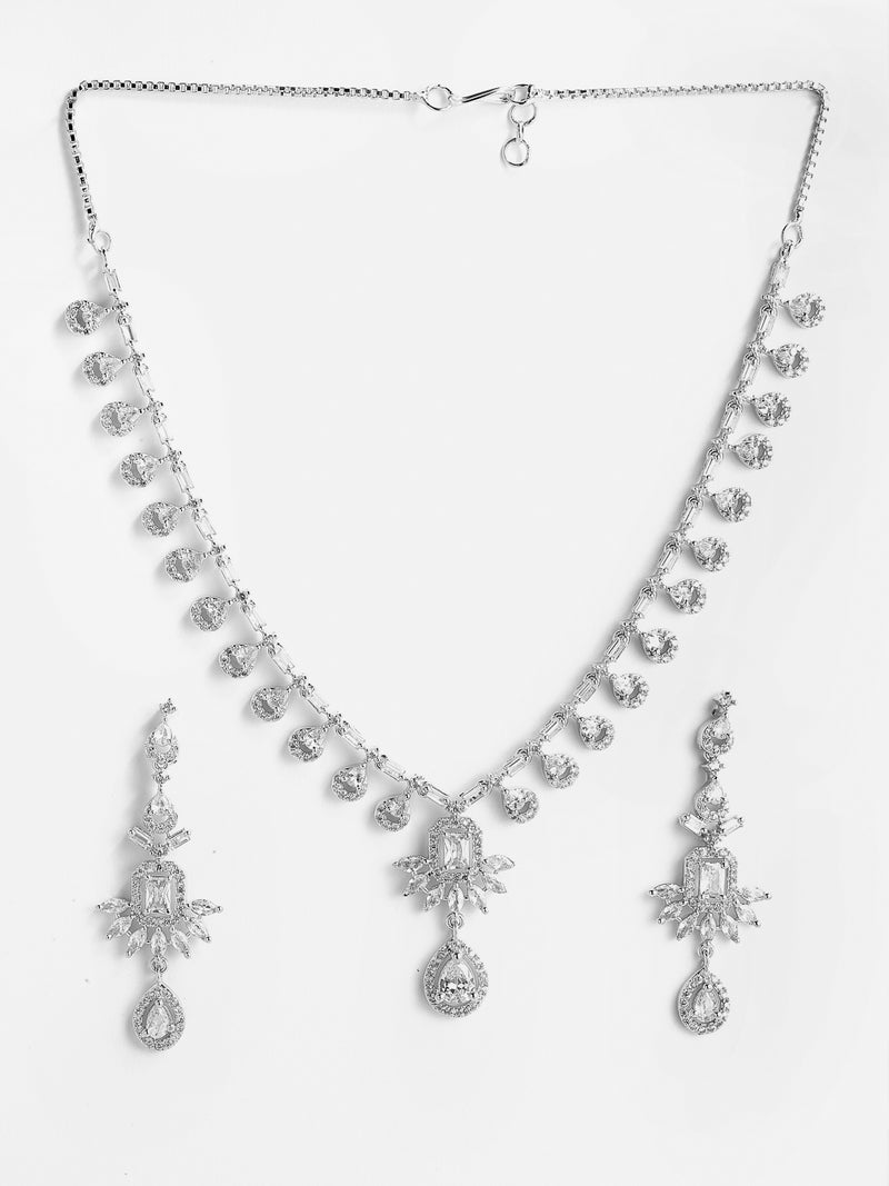 Rhodium-Plated with Silver-Tone & White American Diamond Studded Jewellery Set