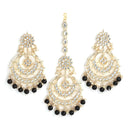 Gold-Plated Pearl Drops Black Kundan Chandbali Maang Tikka & Earrings Set