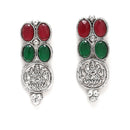 Rhodium-Plated with Oxidised Silver-Tone Green & Red Kundan Studded Handcrafted Jewellery Set