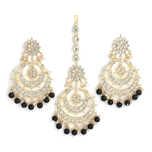 Gold-Plated Pearl Drops Black Kundan Chandbali Maang Tikka & Earrings Set