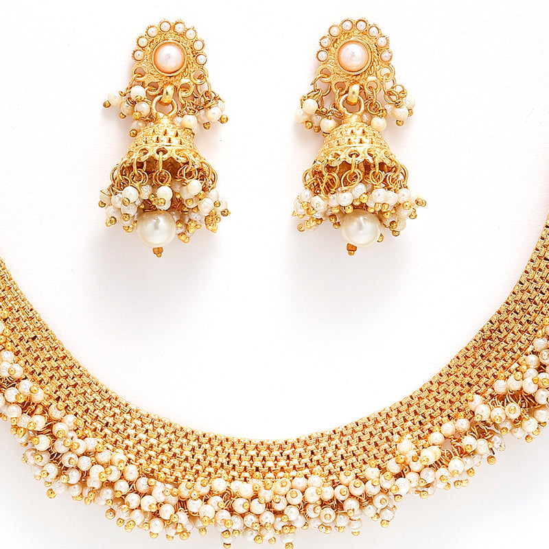 Zeneme Jewellery Set Gold Plated White Pearl Temple Style Necklace Set Jewellery with Earrings for Girls & Women