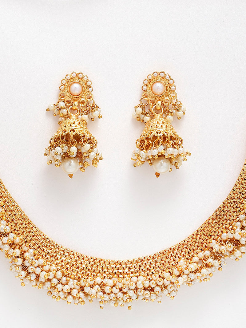 Zeneme Jewellery Set Gold Plated White Pearl Temple Style Necklace Set Jewellery with Earrings for Girls & Women