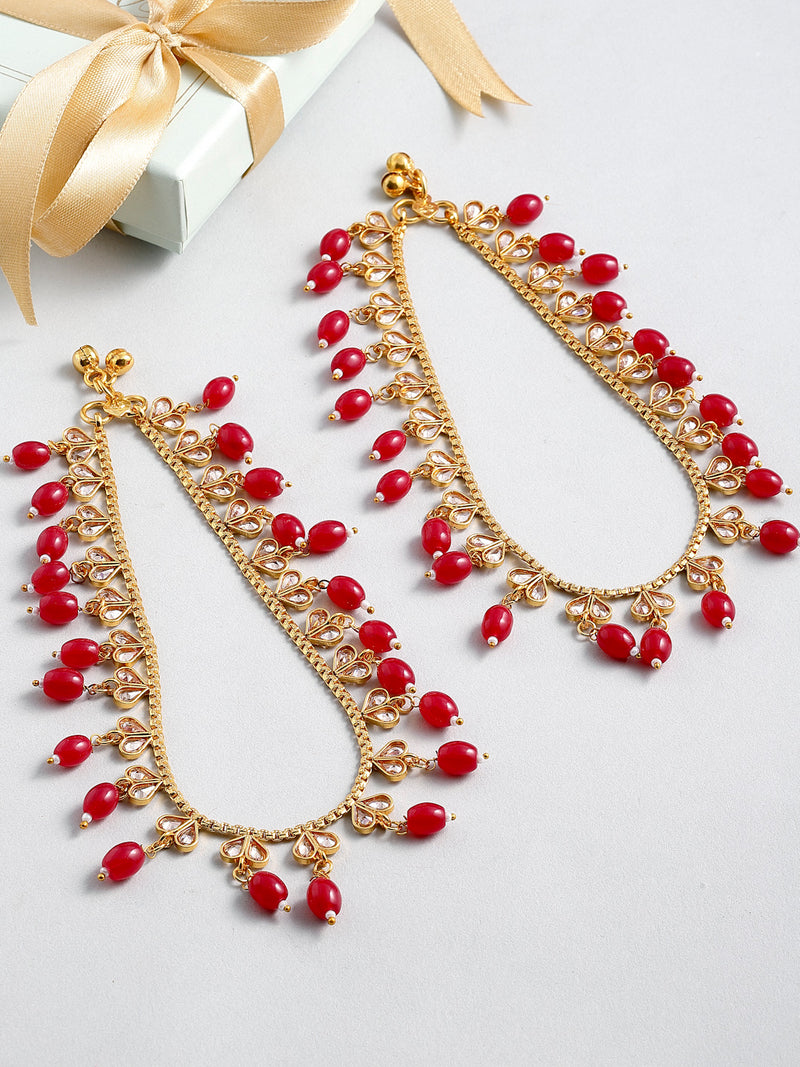 Gold-Toned & Red Gold-Plated Kundan-Studded Beaded Set Of 2 Anklets