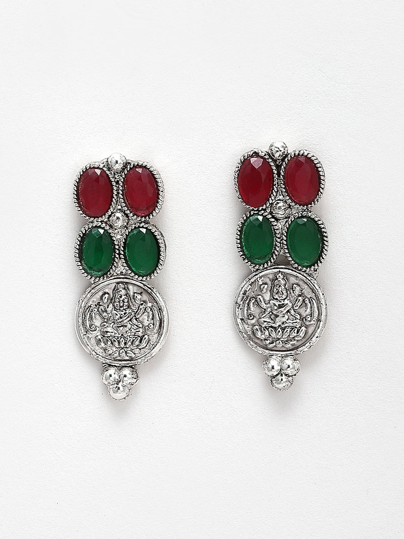 Rhodium-Plated with Oxidised Silver-Tone Green & Red Kundan Studded Handcrafted Jewellery Set