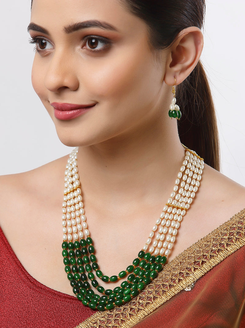Gold-Plated Green & White Pearl Beaded 5 Layered Necklace with Drop Earrings Jewelry Set